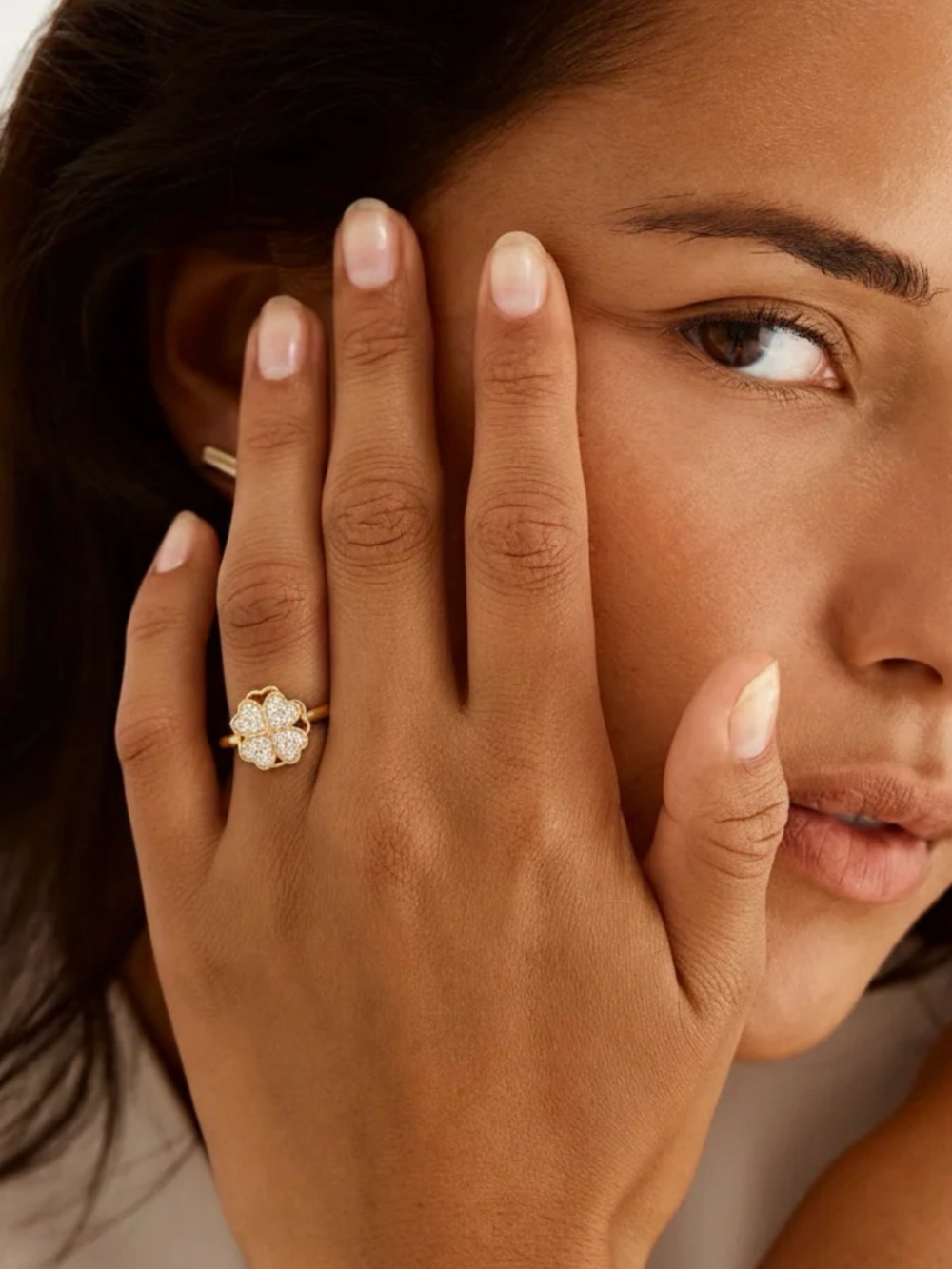 Gold Clover Ring with Pavé Crystals